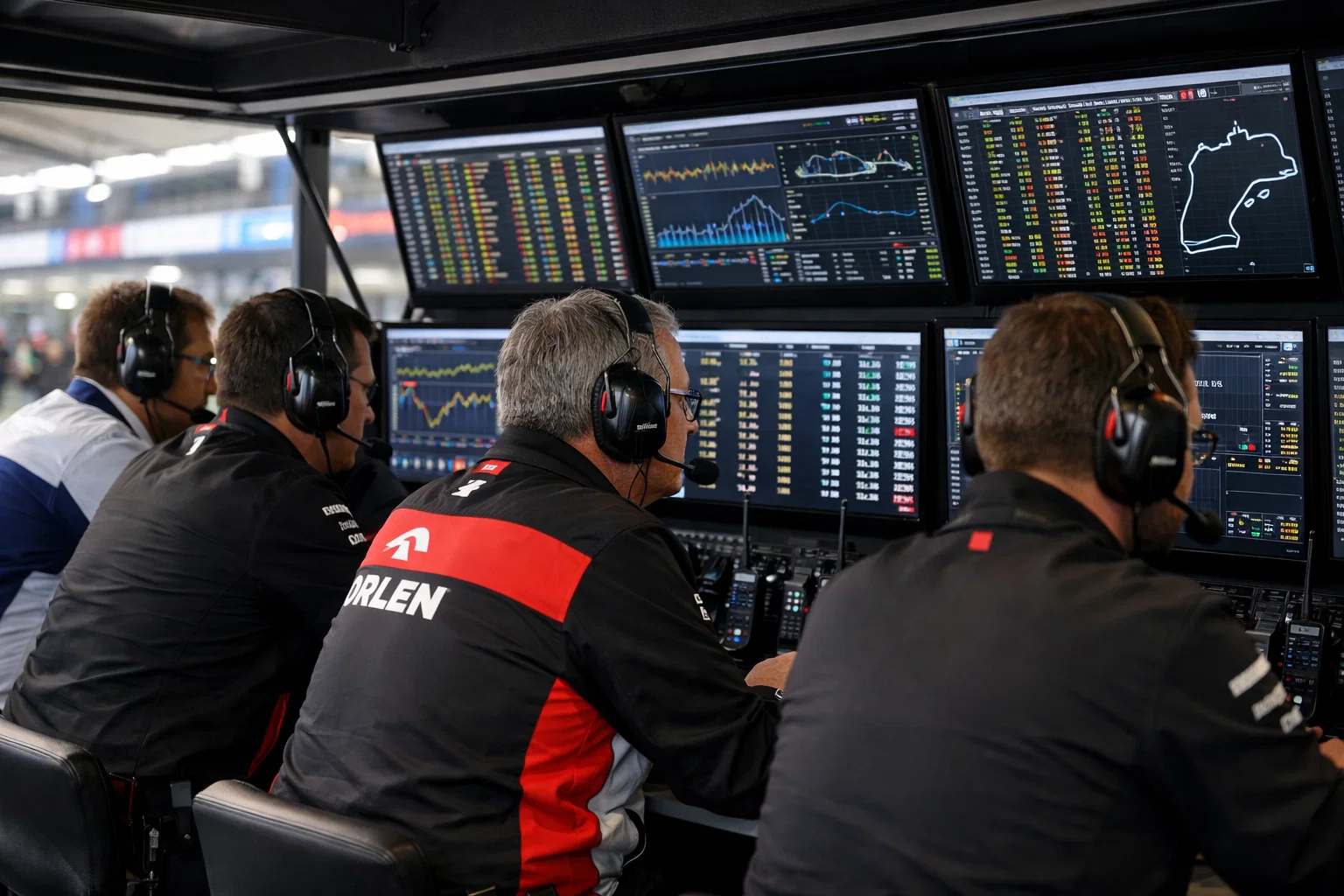 Muretto dei box con ingegneri che monitorano i dati durante il weekend di gara