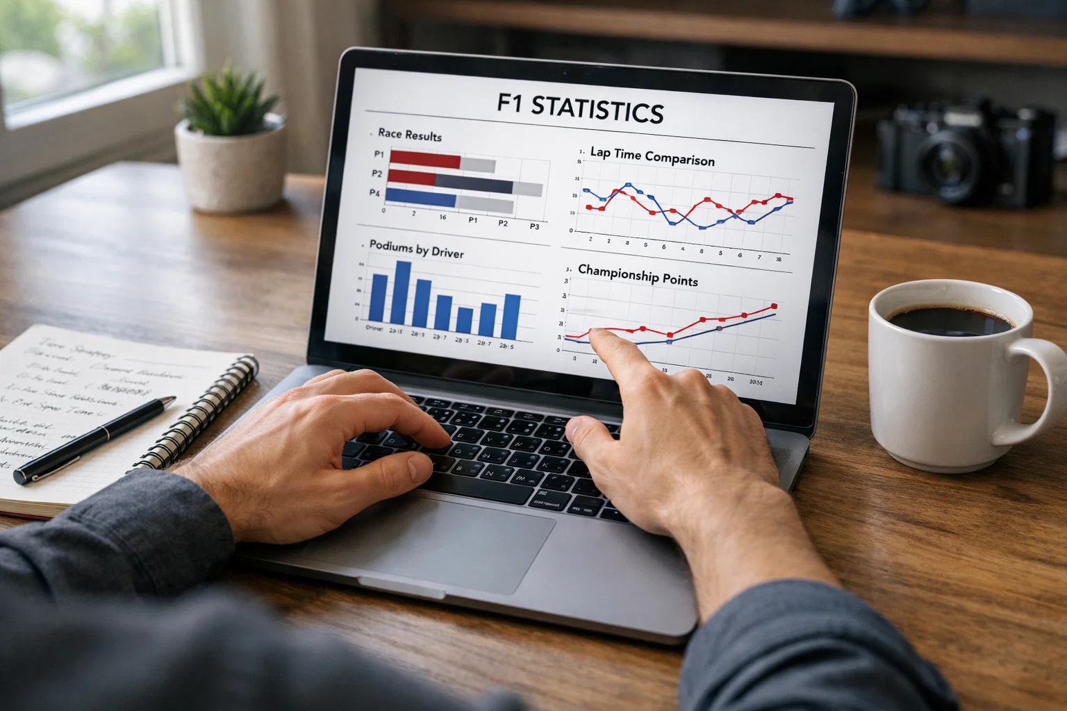 Analista che studia statistiche e quote di Formula 1 su laptop