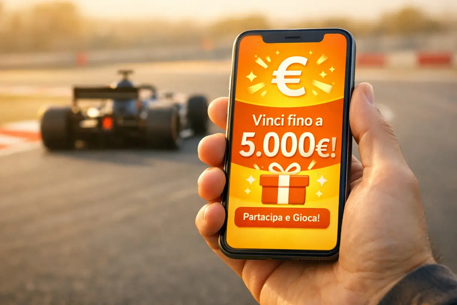 Mano che tiene uno smartphone con promozioni scommesse Formula 1 e monoposto sfocata sullo sfondo