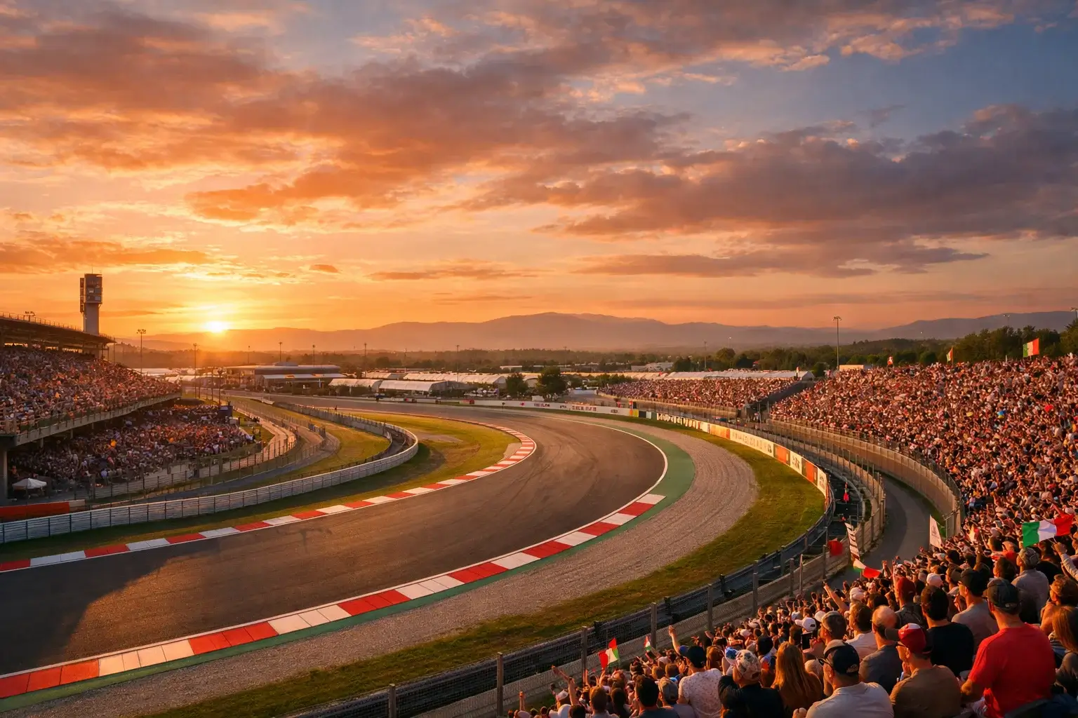 Panoramica di un circuito di Formula 1 al tramonto con tribune piene di spettatori