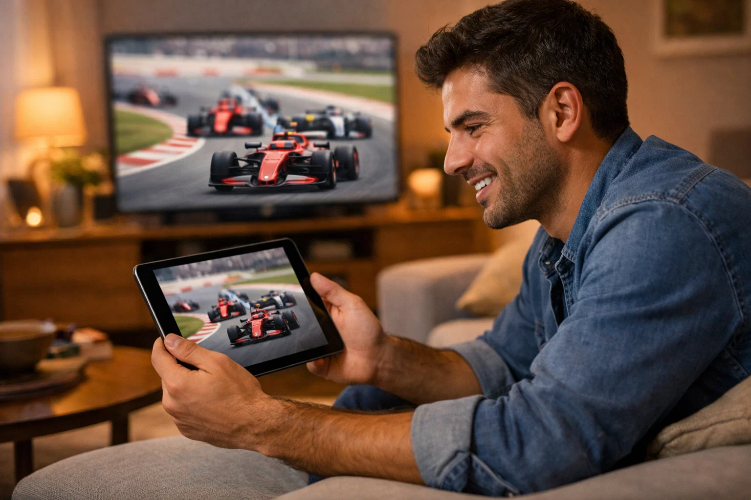 Persona che guarda una gara di Formula 1 su tablet