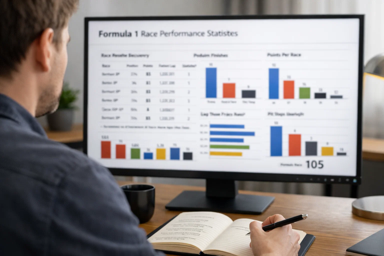Persona che analizza statistiche di Formula 1 su monitor