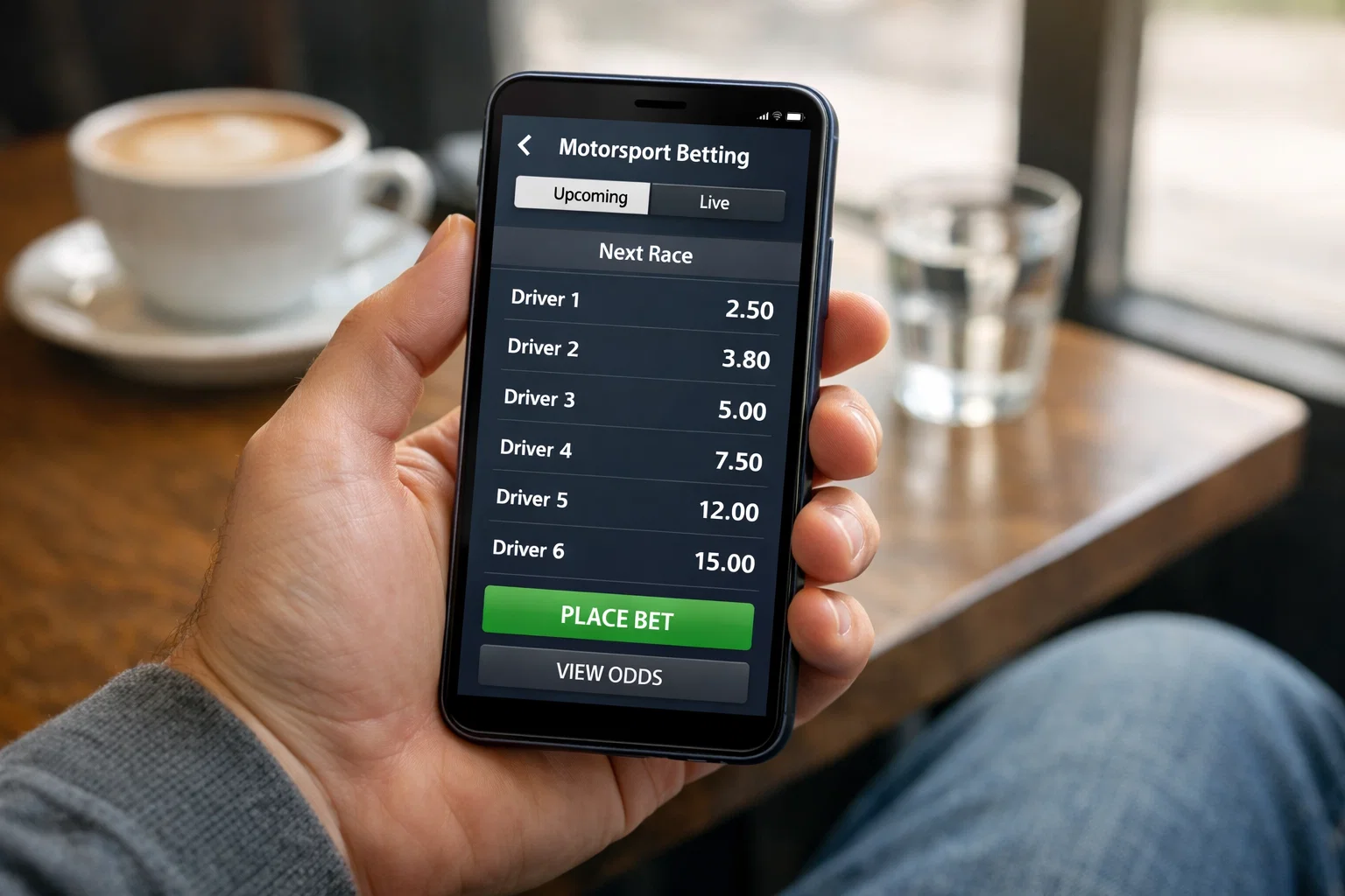 Mano con smartphone che naviga su un sito di scommesse