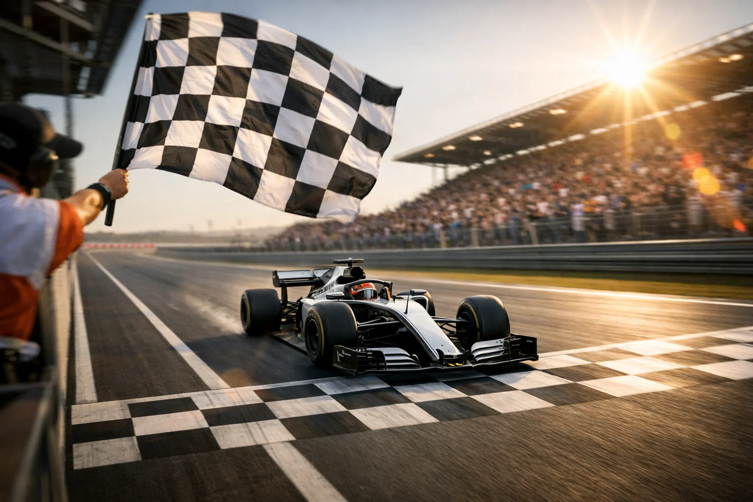 Bolide di Formula 1 che taglia il traguardo vittorioso