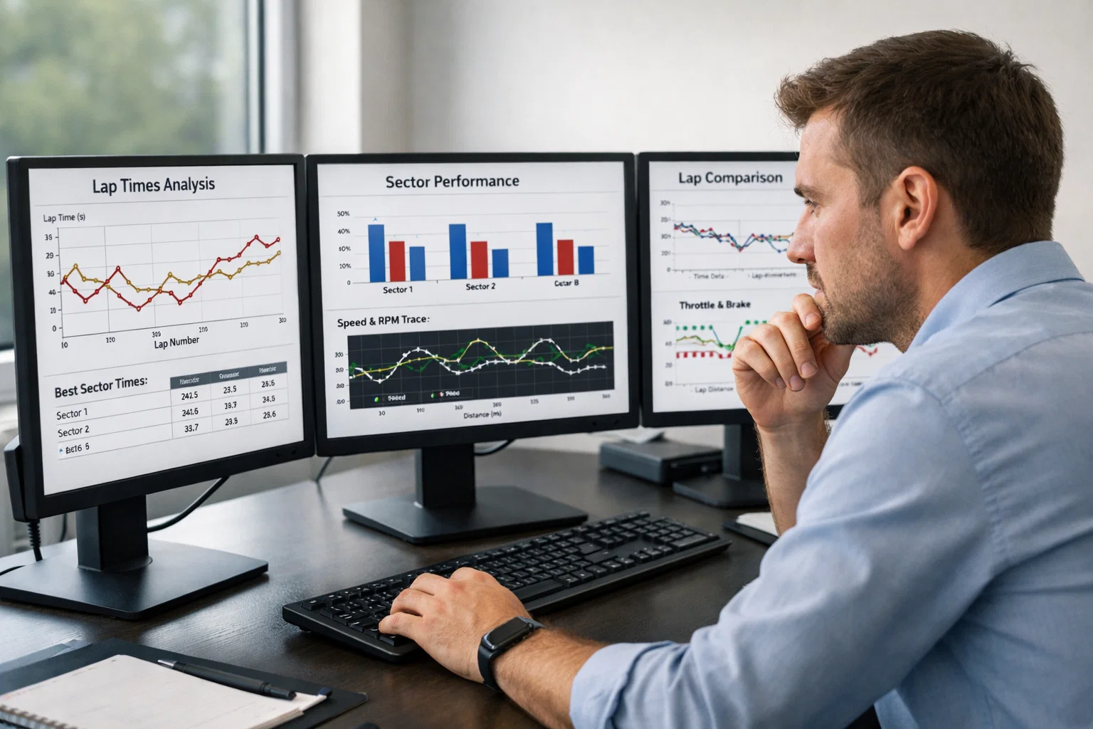 Analista che studia dati telemetrici e statistiche della Formula 1 su monitor