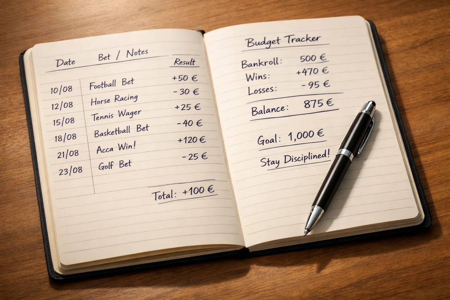 Blocco note con annotazioni e simbolo euro per la gestione del budget scommesse
