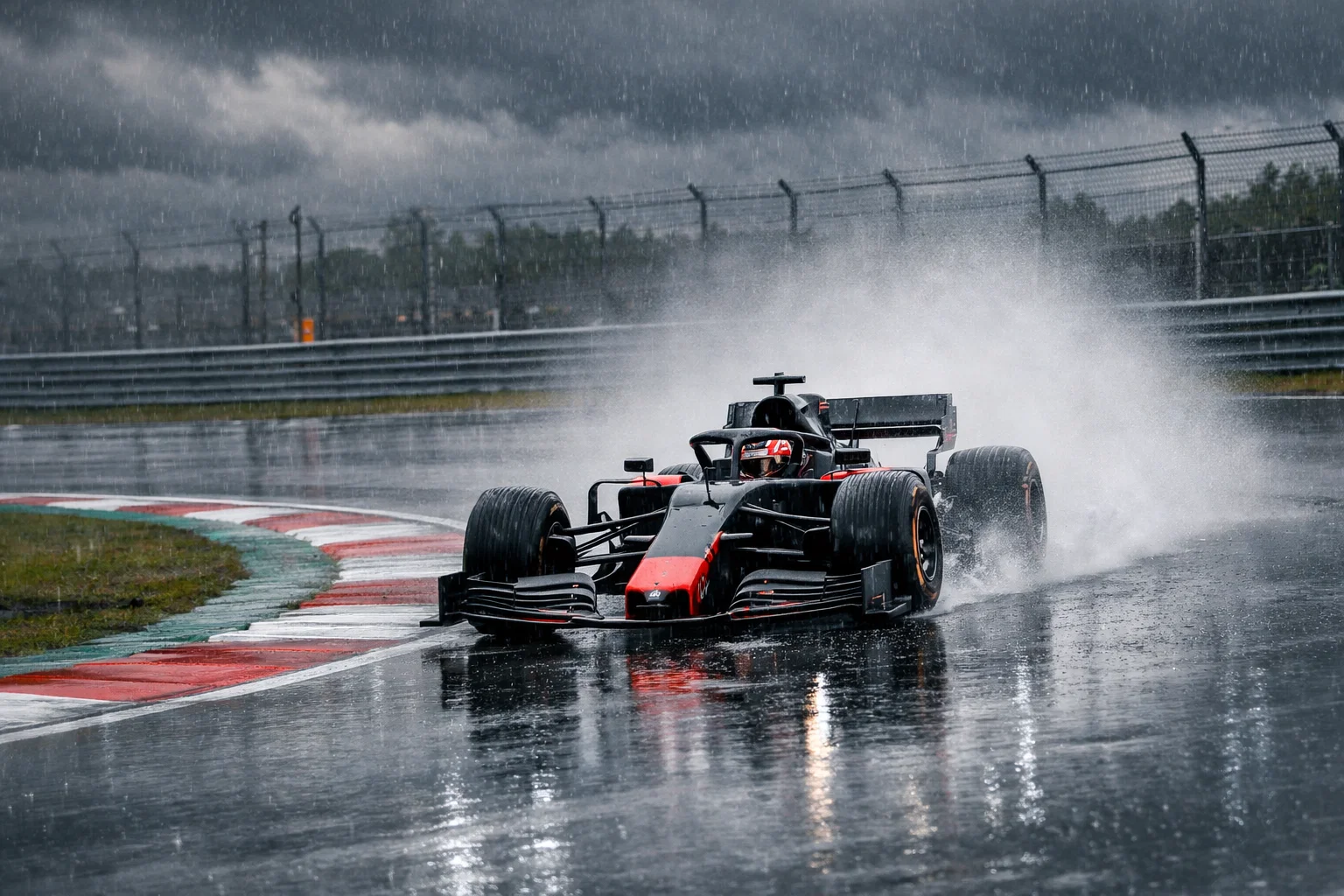Monoposto di Formula 1 che affronta una curva su pista bagnata durante la pioggia