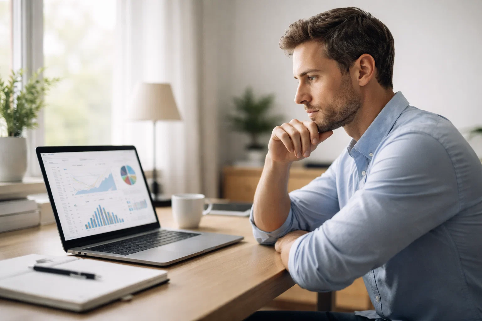 Persona concentrata che analizza dati su laptop mantenendo il controllo emotivo