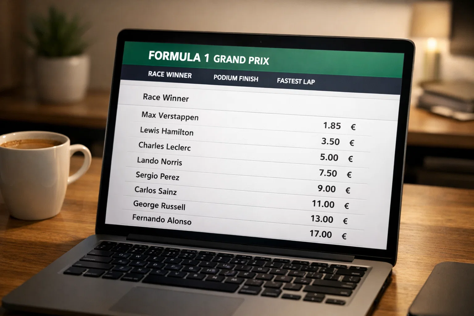 Schermo con quote e mercati di scommesse per un Gran Premio di Formula 1
