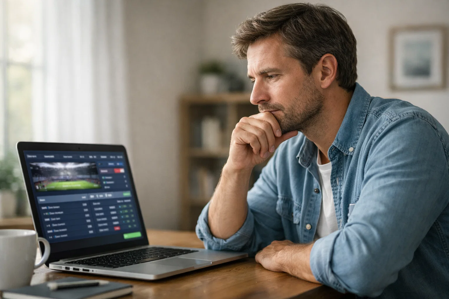 Persona pensierosa davanti allo schermo che riflette sulle decisioni di scommessa