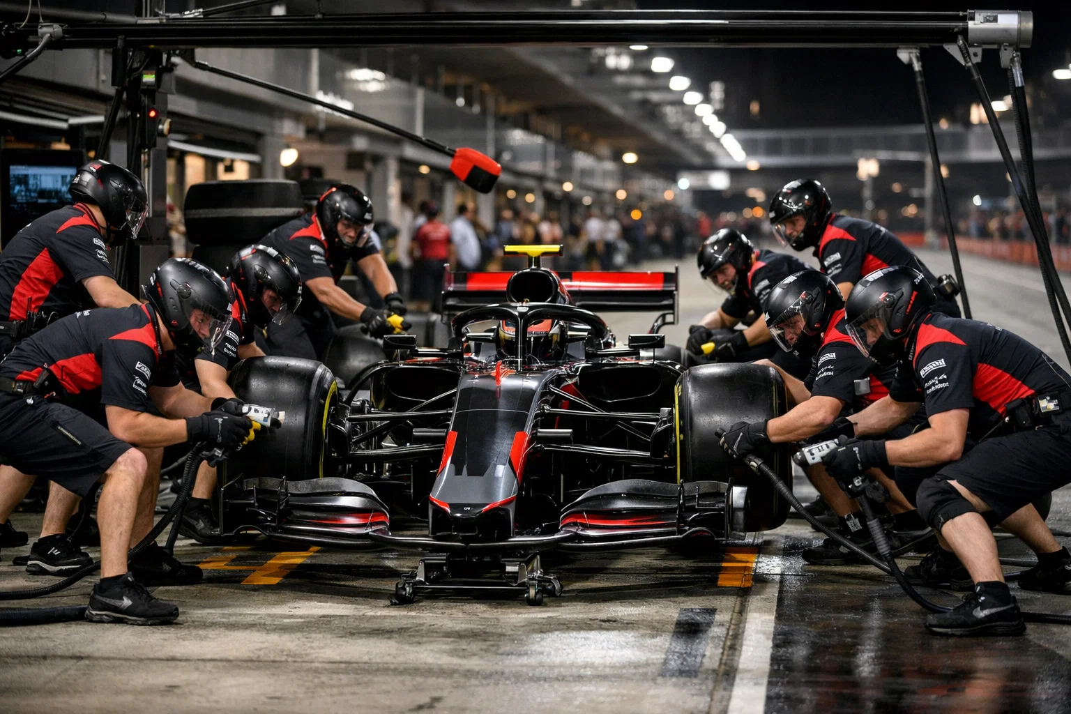 Pit stop di Formula 1 con meccanici che cambiano pneumatici in pochi secondi