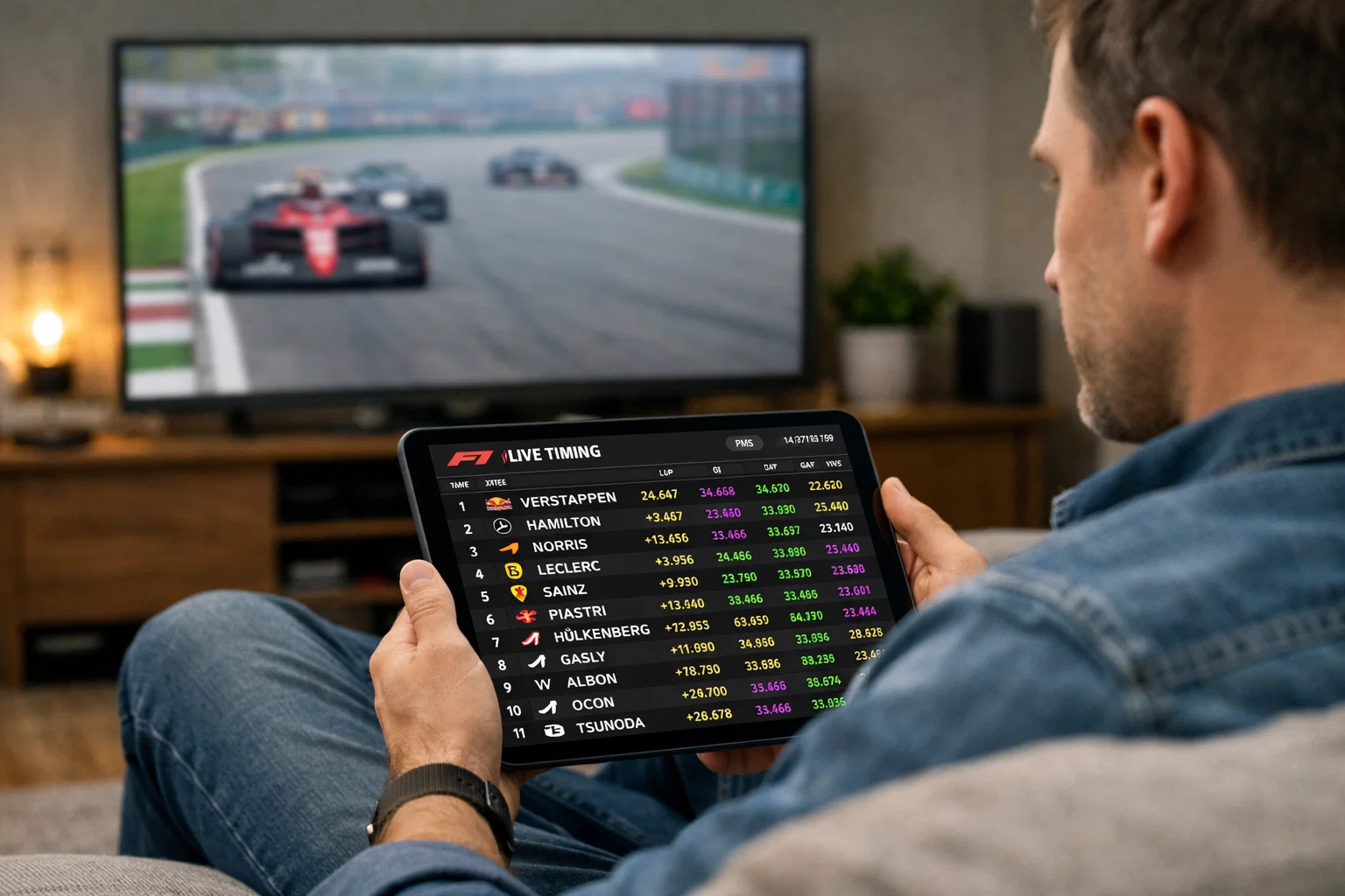 Persona che segue gara di Formula 1 su tablet con app di live timing