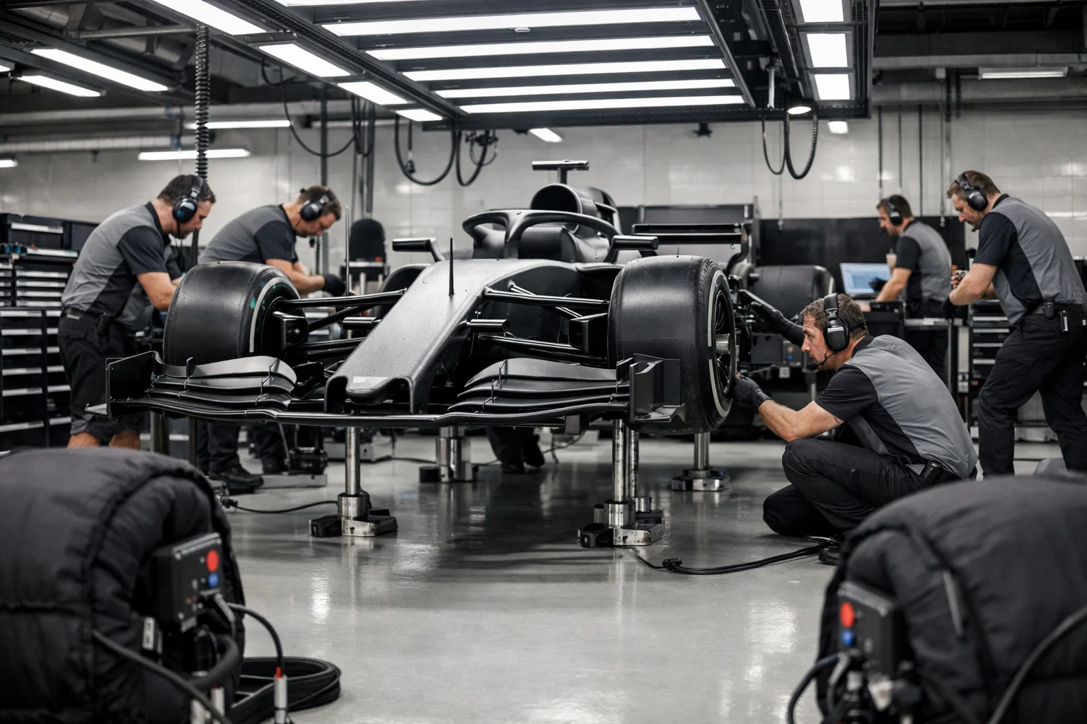 Team di meccanici al lavoro nel garage di una scuderia di Formula 1