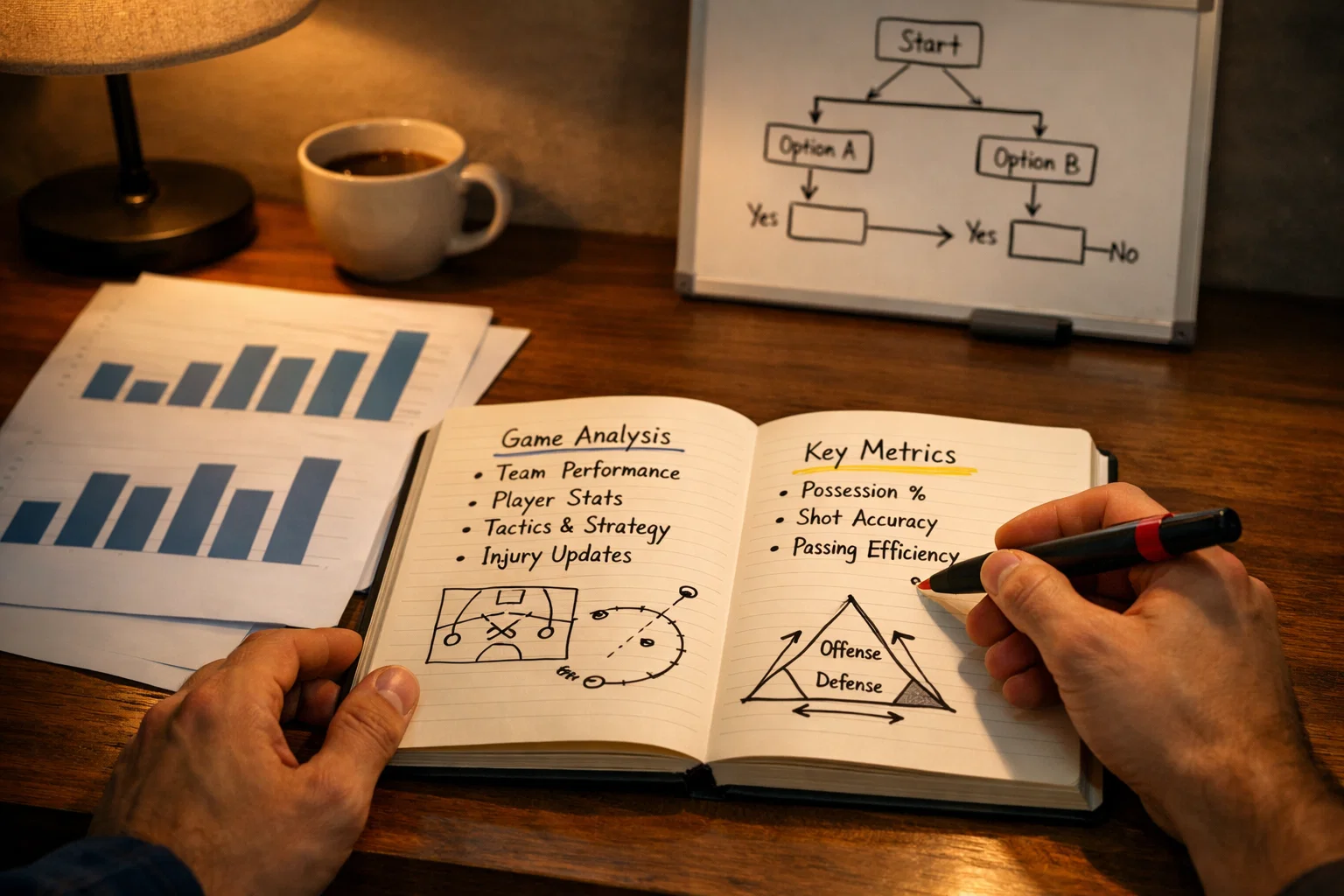 Persona che sviluppa una strategia di scommesse con appunti e grafici