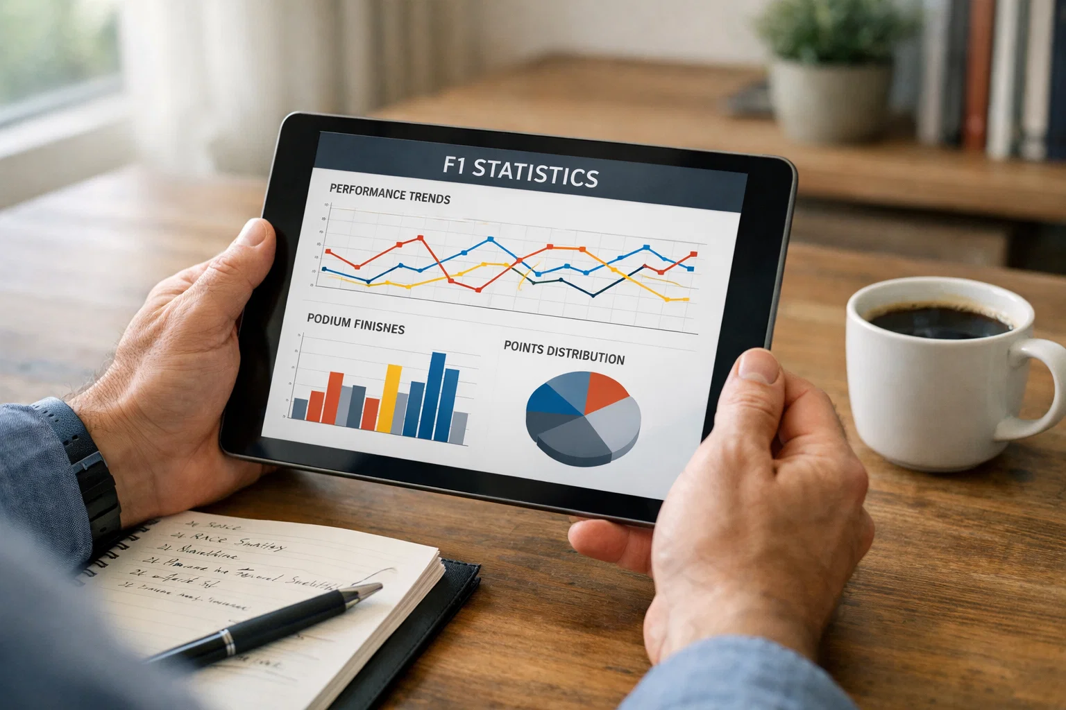 Analista che valuta dati e statistiche della Formula 1 su tablet