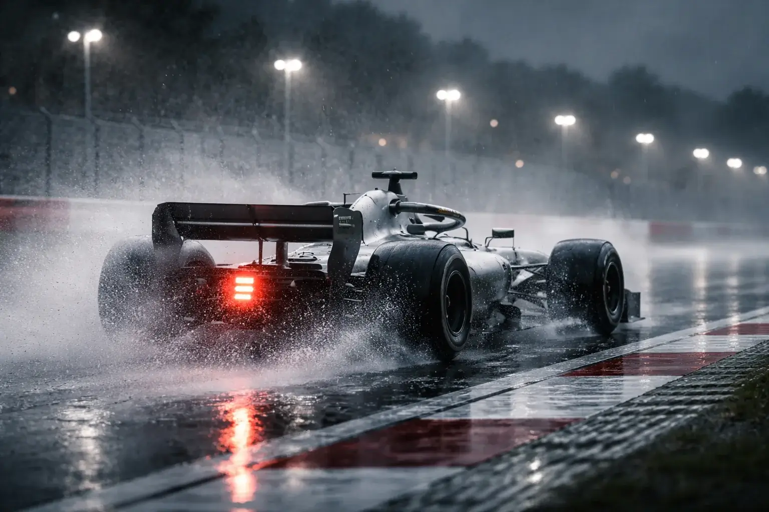 Monoposto di Formula 1 che corre sotto la pioggia con spray d'acqua sulla pista bagnata