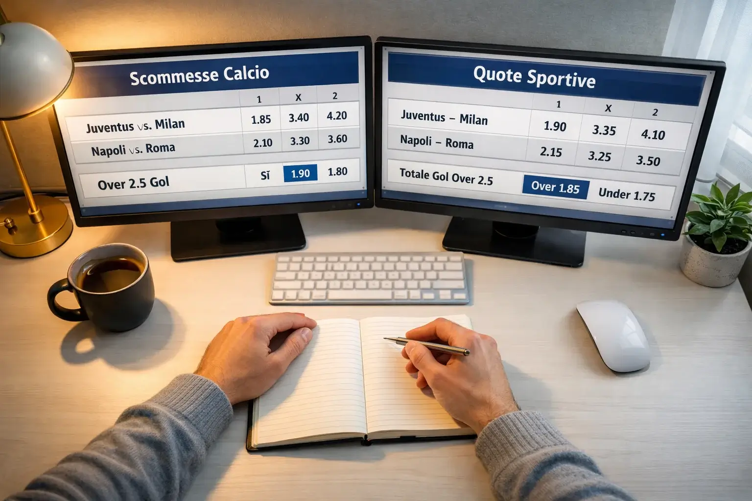 Persona confronta dati su due schermi affiancati con tabelle di quote sportive
