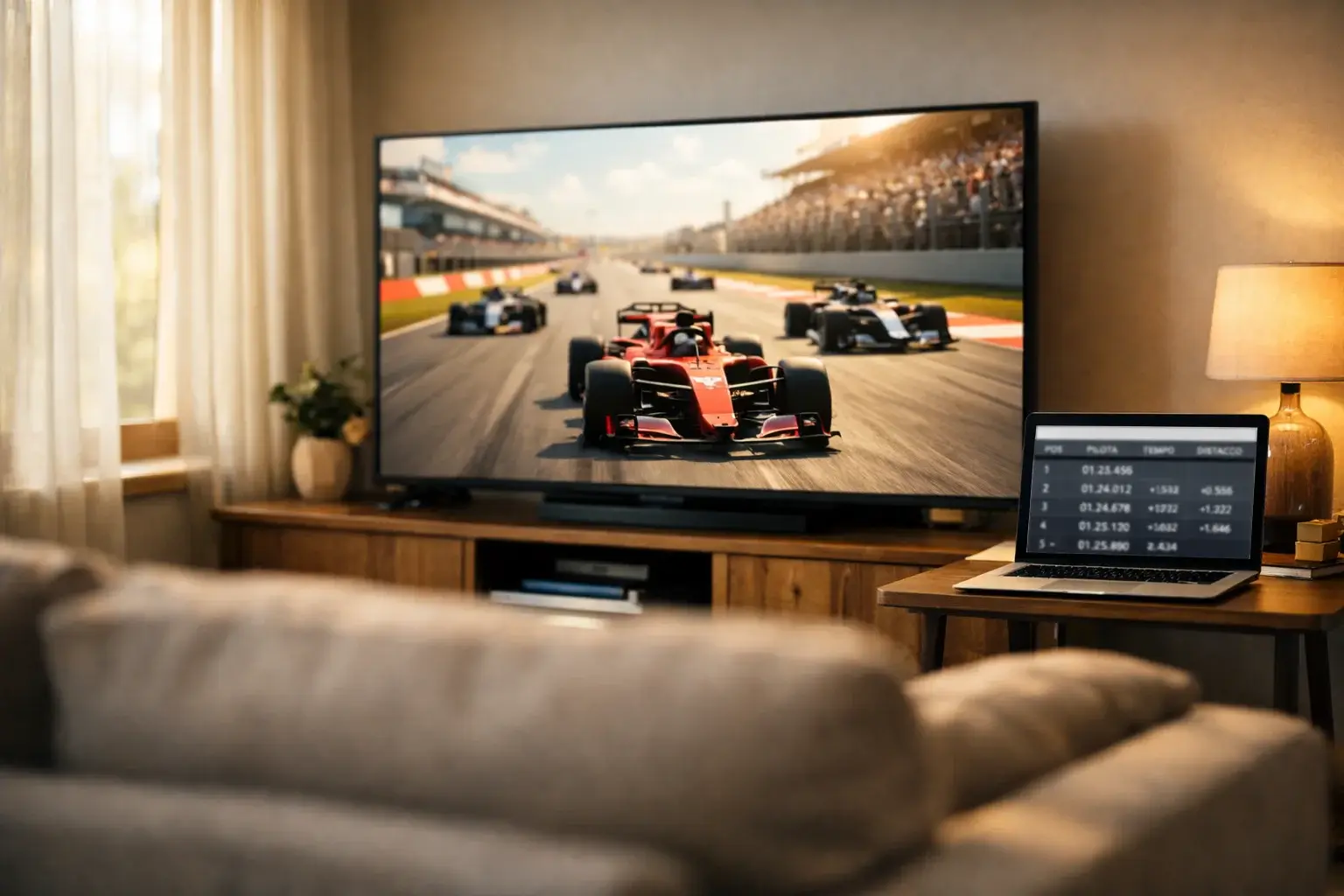 Schermo televisivo che trasmette una gara di Formula 1 in diretta in un salotto