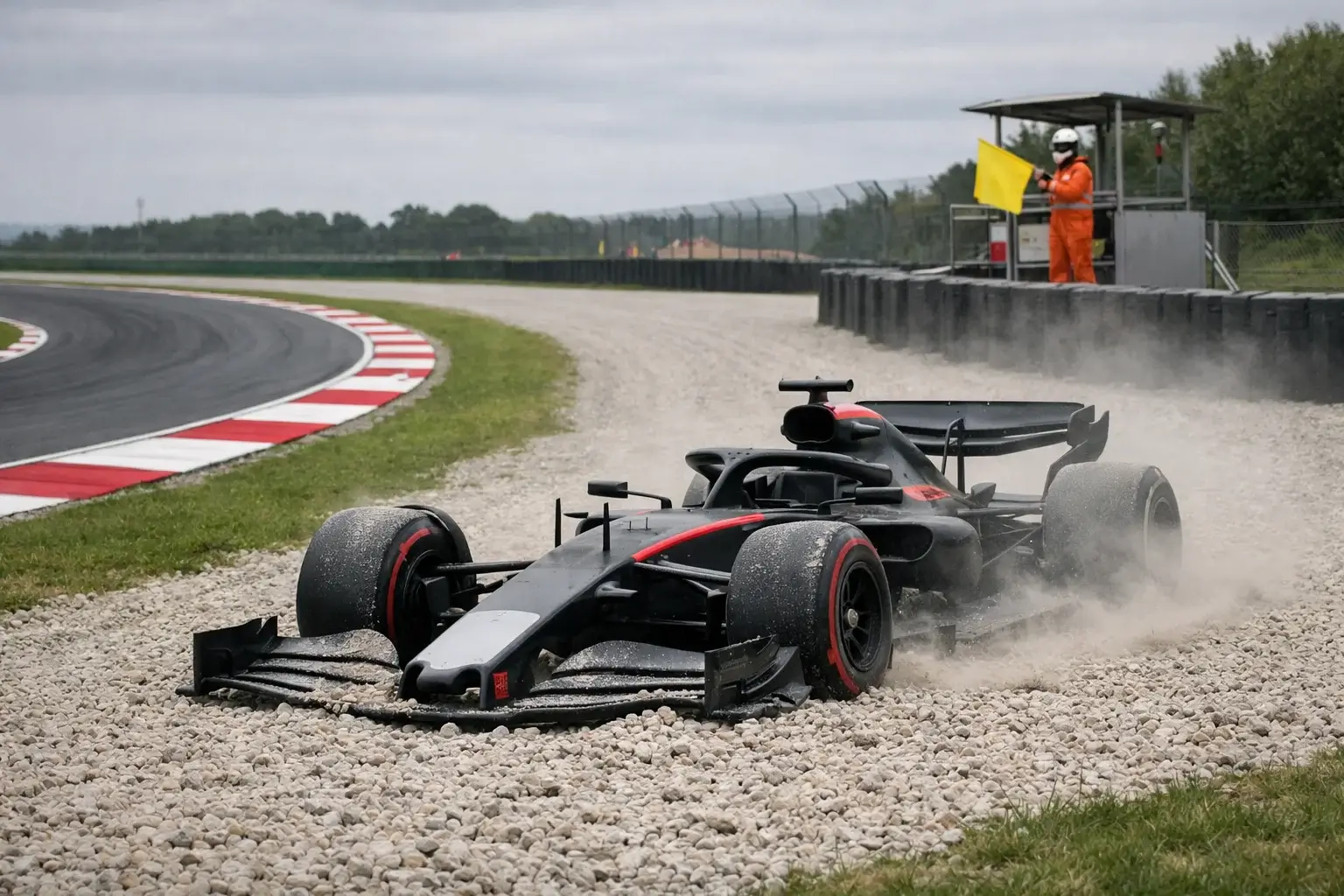 Monoposto di Formula 1 bloccata nella ghiaia dopo un errore durante un Gran Premio