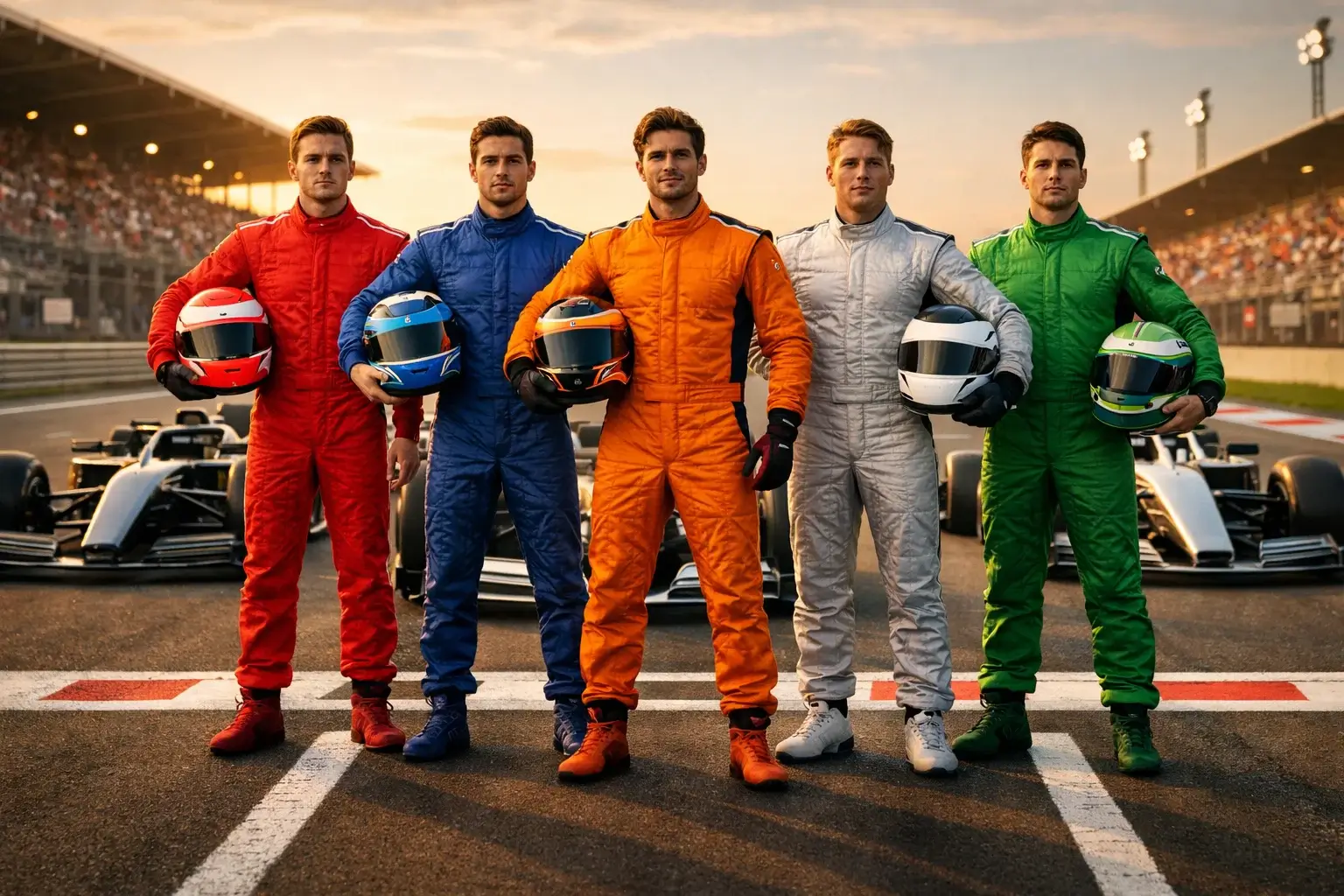 Piloti di Formula 1 in tuta da gara allineati sulla griglia di partenza prima del Gran Premio