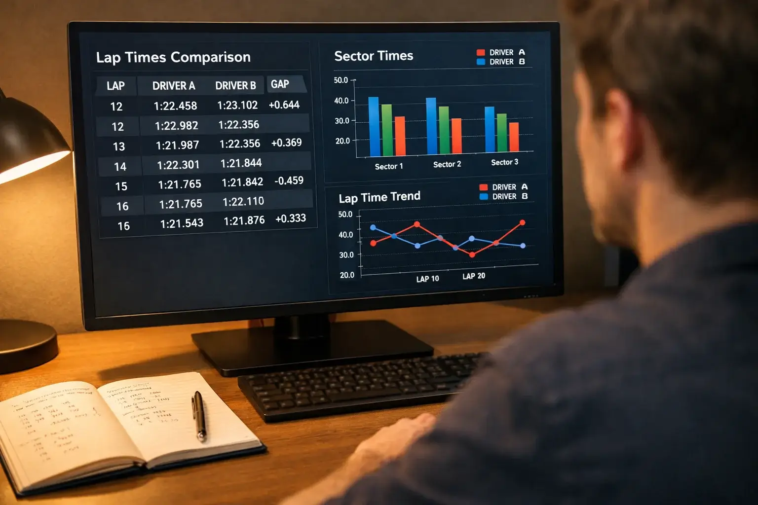 Persona che analizza dati e statistiche di Formula 1 su un monitor