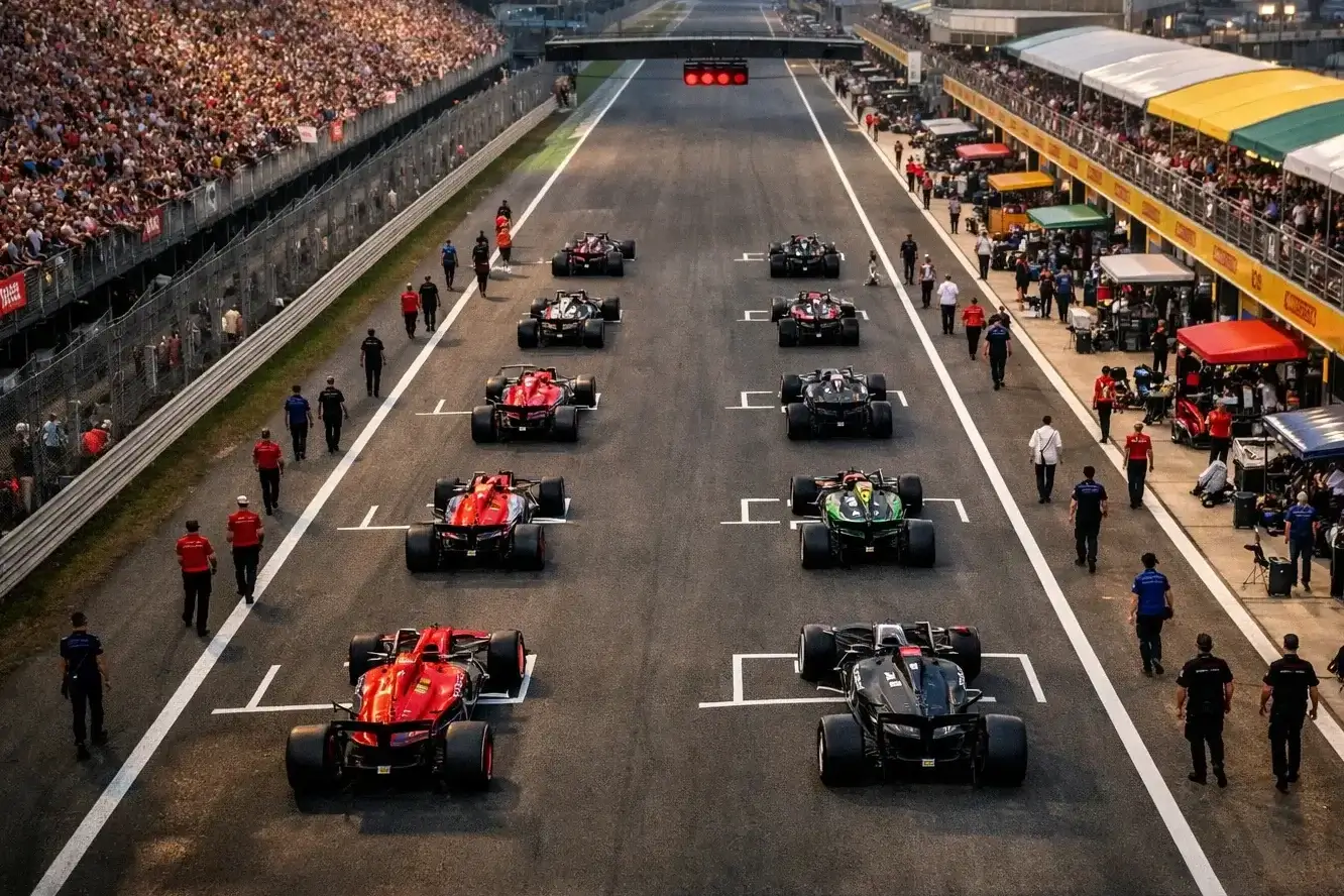 Griglia di partenza di Formula 1 vista dall'alto prima del via del Gran Premio