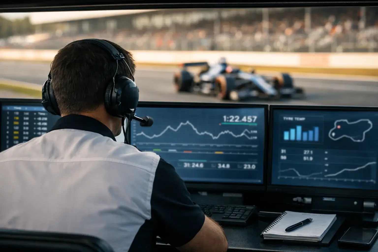 Ingegnere al muretto dei box analizza dati di telemetria su più schermi durante una gara di F1