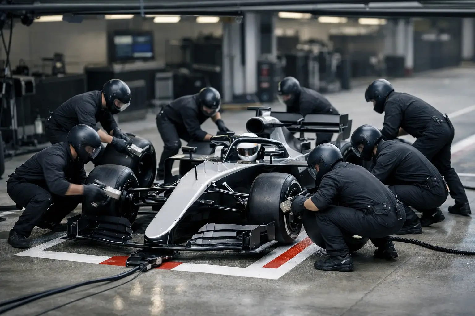 Meccanici di Formula 1 eseguono un cambio gomme durante un pit stop in corsia box