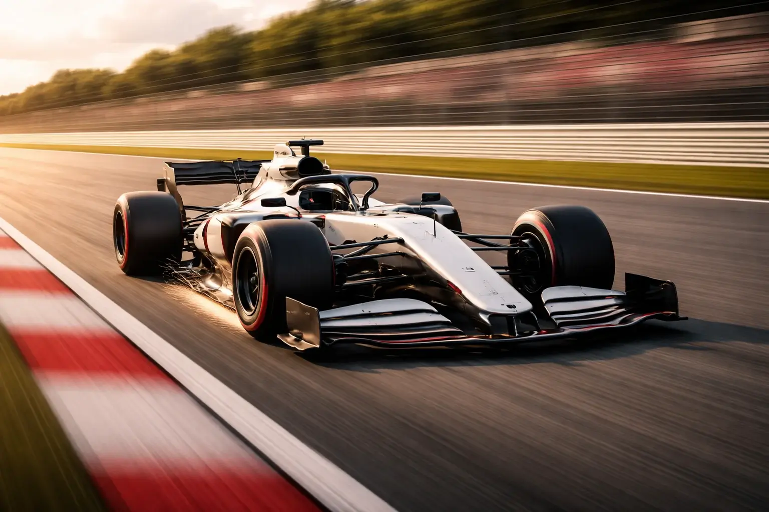 Monoposto Formula 1 ad alta velocità su rettilineo con effetto movimento e gomme morbide rosse