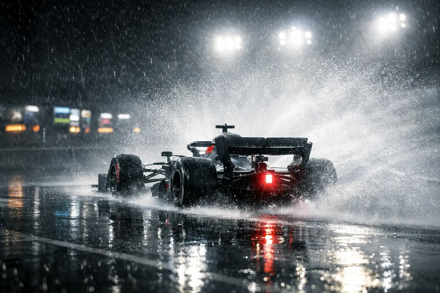 Monoposto di Formula 1 sfreccia sotto la pioggia durante una gara dal vivo