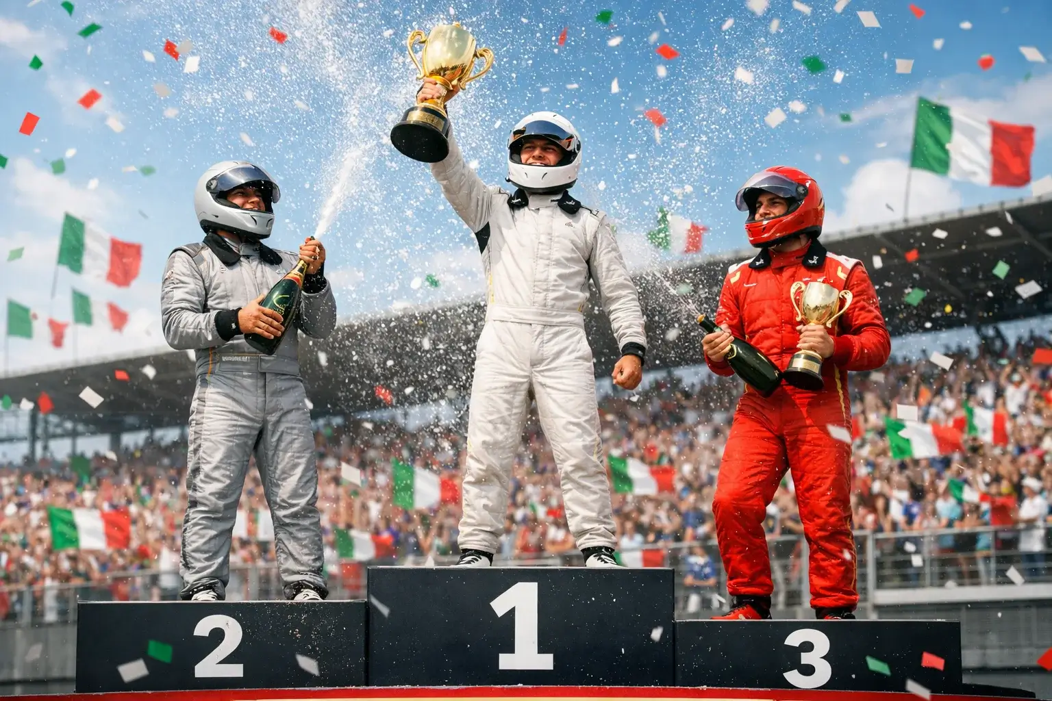 Tre piloti di Formula 1 sul podio con trofei e champagne dopo il Gran Premio