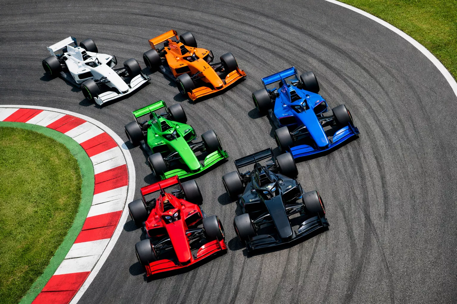 Gruppo di monoposto Formula 1 ravvicinate in curva durante la gara con sorpassi in corso