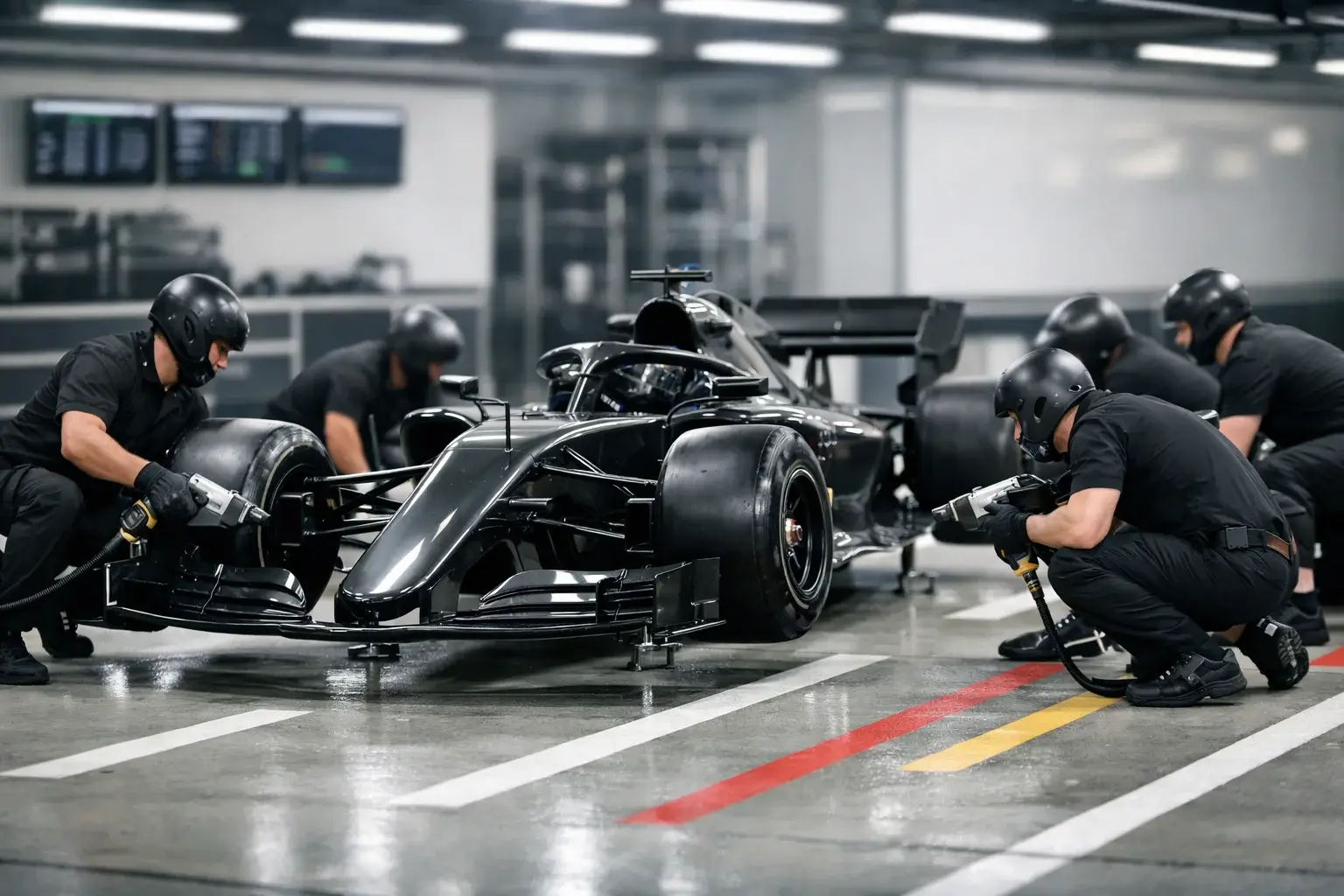 Box di una scuderia Formula 1 con meccanici al lavoro sulla monoposto durante il pit stop