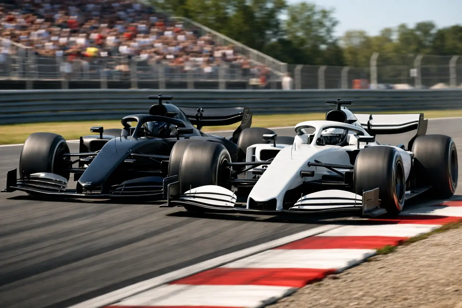 Monoposto di Formula 1 in lotta ravvicinata durante una Sprint Race su un circuito