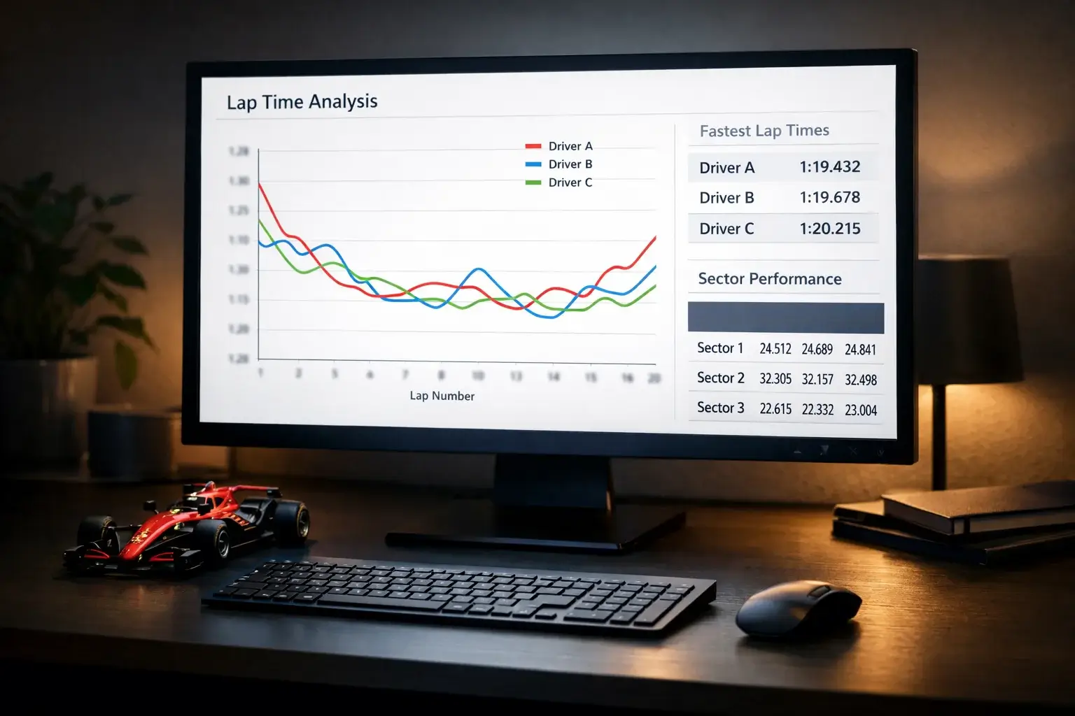 Schermo di un computer con grafici e tabelle di tempi sul giro di una sessione di Formula 1