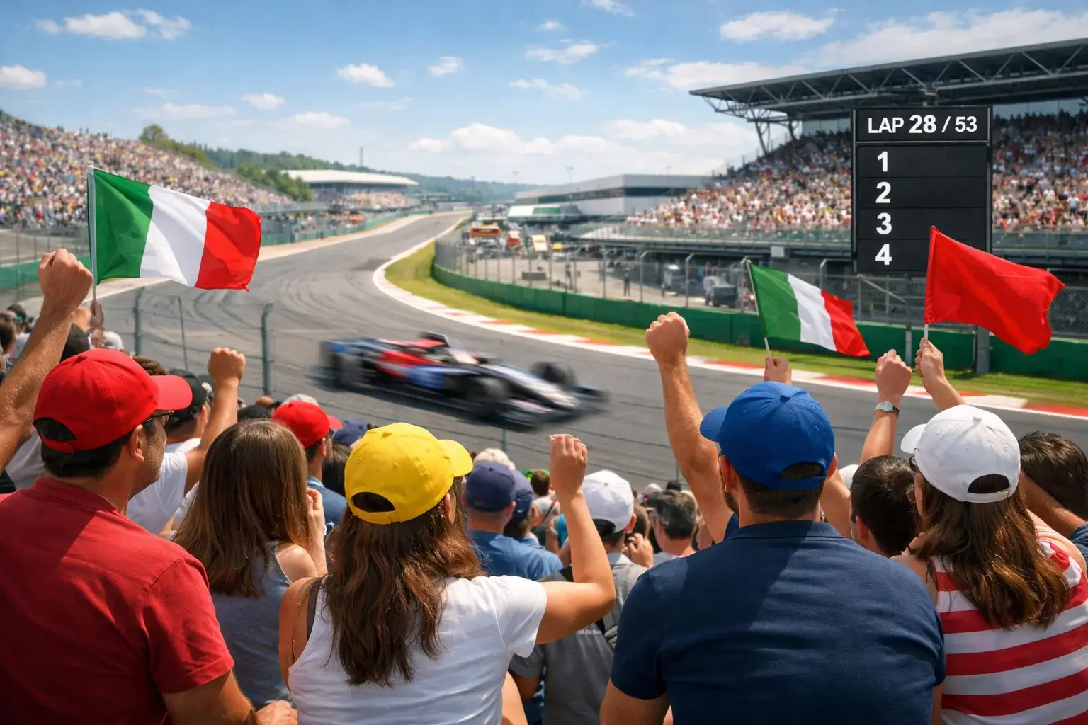 Spettatori sugli spalti di un circuito di Formula 1 che guardano le monoposto in pista