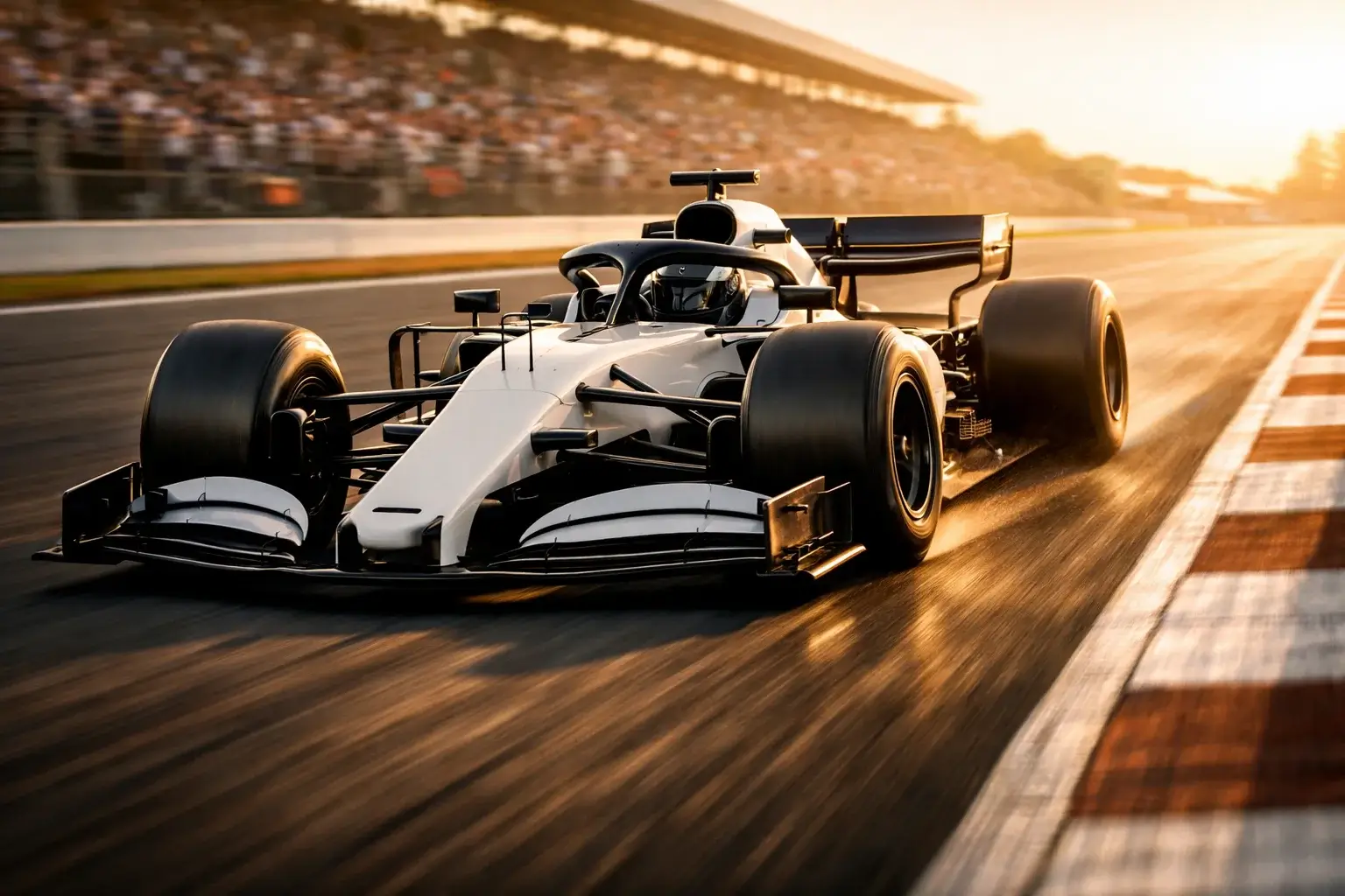 Monoposto di Formula 1 in pista durante un Gran Premio con pubblico sugli spalti