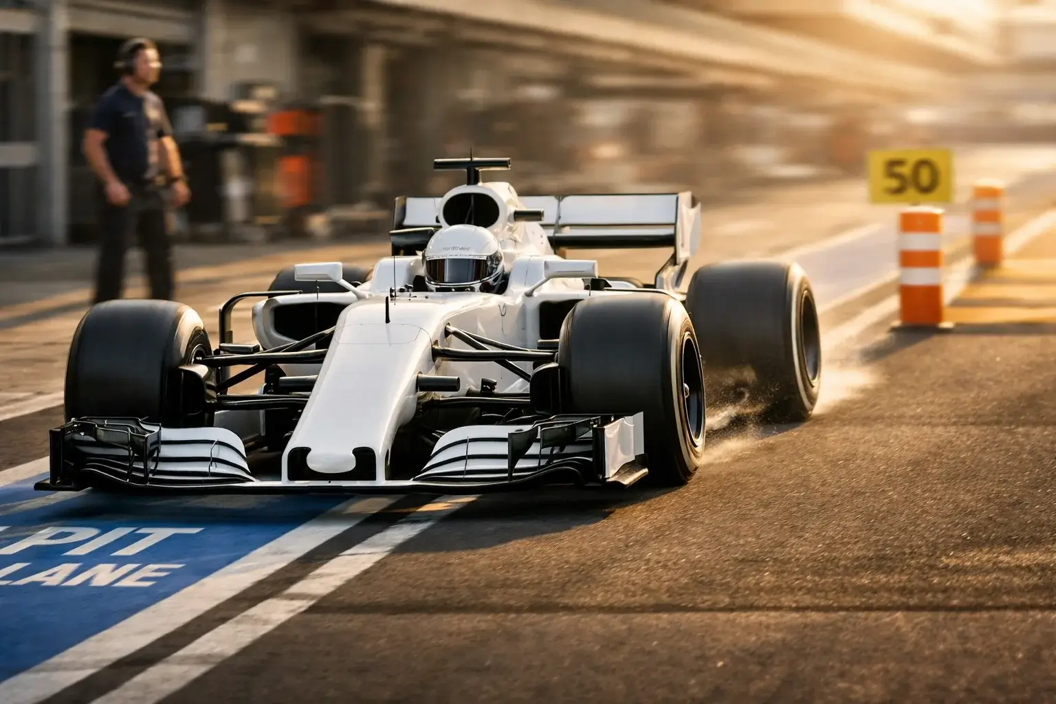 Monoposto di Formula 1 esce dalla pit lane con gomme nuove durante le prove libere